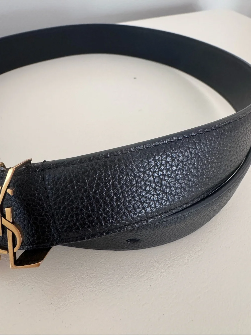 Saint Laurent Black Pebbled Leather Belt with Gold YSL Accent